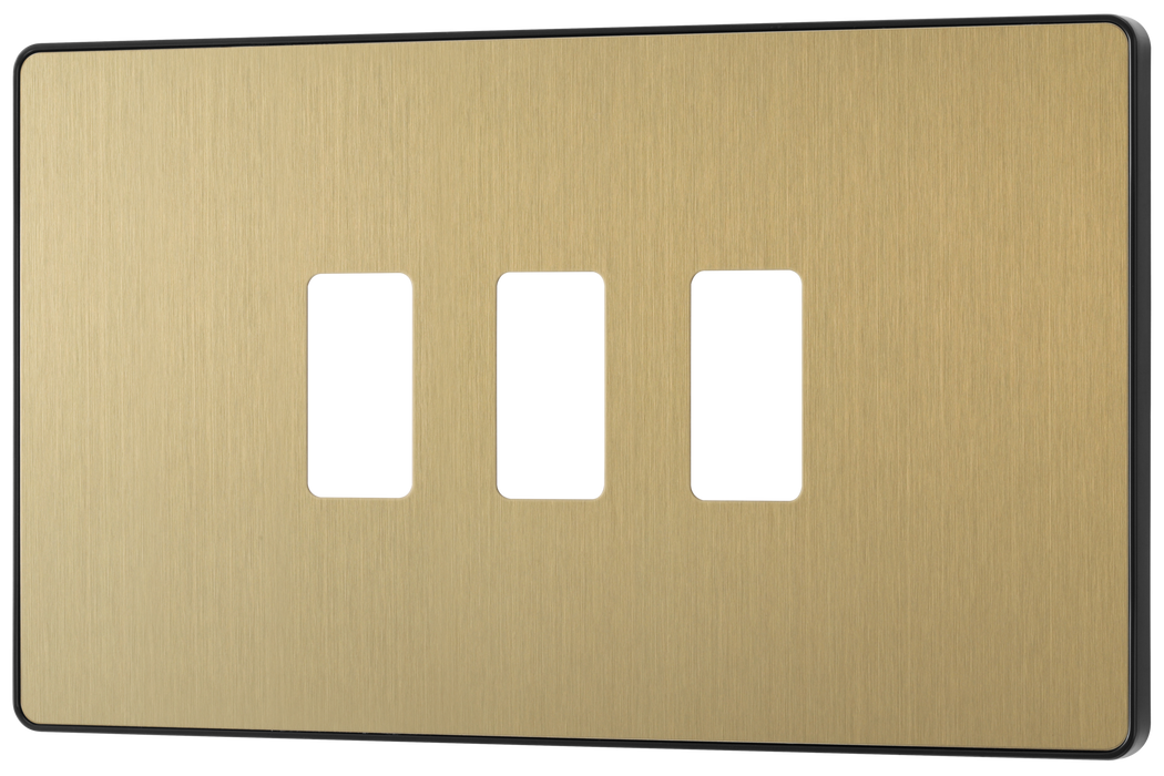 RPCDSB3B Front - The Grid modular range from British General allows you to build your own module configuration with a variety of combinations and finishes. This satin brass finish Evolve front plate clips on for a seamless finish, and can accommodate 3 Grid modules - ideal for switches and other domestic applications.
