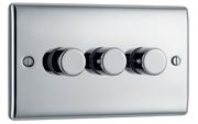 BG NPC83 Nexus Metal Polished Chrome 3 Gang 200W 2 Way Trailing Edge Push Type Dimmer Switch by British General (BG-NPC83-Shopify-SA_1)