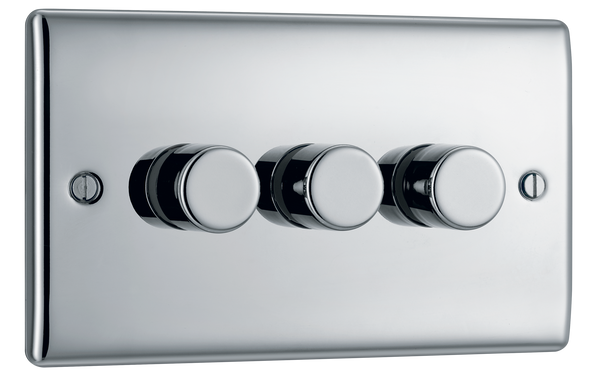 NPC83 Front - This trailing edge triple dimmer switch from British General allows you to control your light levels and set the mood. The intelligent electronic circuit monitors the connected load and provides a soft-start with protection against thermal.