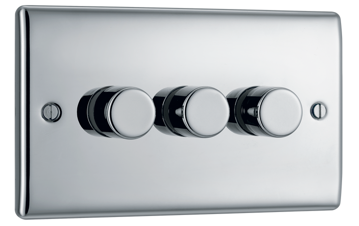 NPC83 Front - This trailing edge triple dimmer switch from British General allows you to control your light levels and set the mood. The intelligent electronic circuit monitors the connected load and provides a soft-start with protection against thermal.