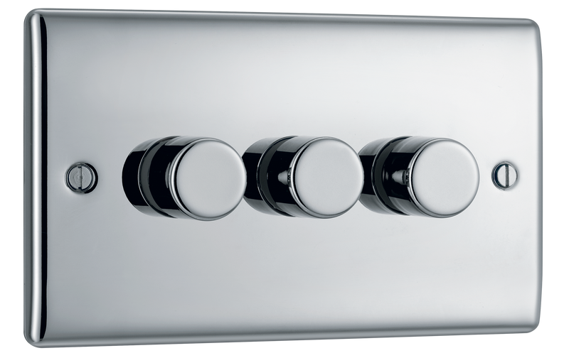 BG NPC83 Nexus Metal Polished Chrome 3 Gang 200W 2 Way Trailing Edge Push Type Dimmer Switch