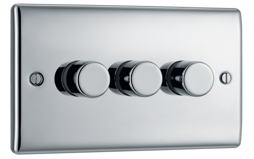 NPC83 Front - This trailing edge triple dimmer switch from British General allows you to control your light levels and set the mood. The intelligent electronic circuit monitors the connected load and provides a soft-start with protection against thermal.