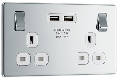 BG FPC22U3W Nexus Screwless Flat-Plate Double Switched Plug Socket Polished Chrome White Insert 2 USB 3.1A