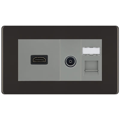 BG Screwless Black Nickel Media Wall Plate TV Aerial, HDMI & CAT6 Outlet – Grey Insert by British General