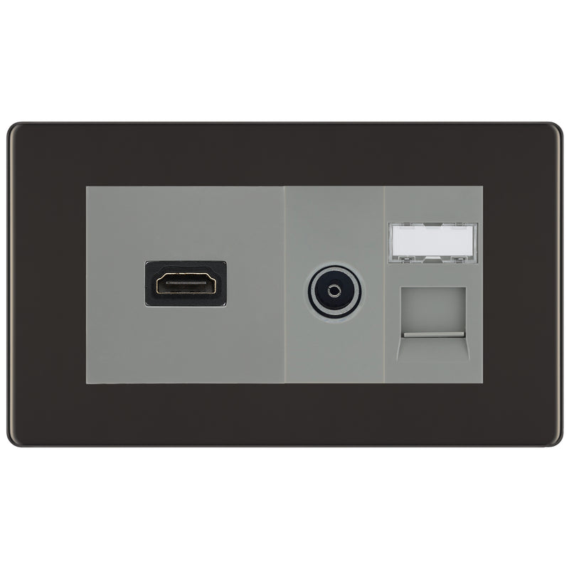 BG Screwless Black Nickel Media Wall Plate TV Aerial, HDMI & CAT6 Outlet – Grey Insert