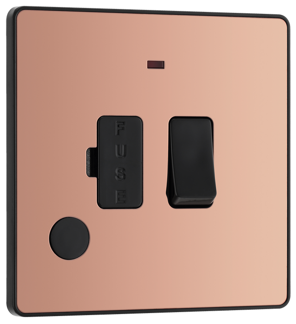 PCDCP52B Front - This Evolve Polished Copper 13A fused and switched connection unit from British General with power indicator provides an outlet from the mains containing the fuse, ideal for spur circuits and hardwired appliances.