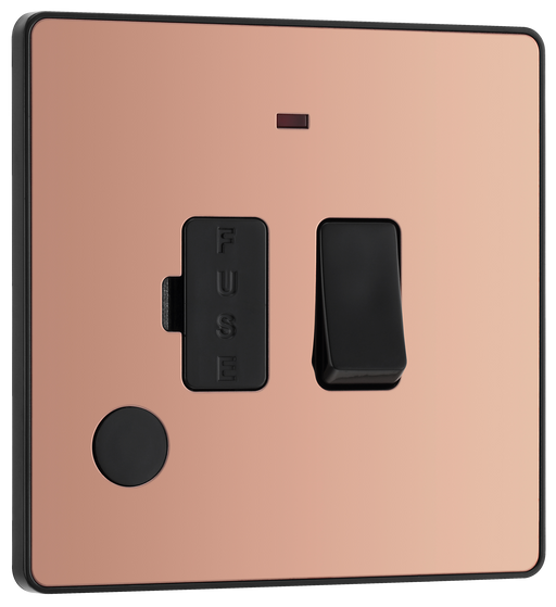 PCDCP52B Front - This Evolve Polished Copper 13A fused and switched connection unit from British General with power indicator provides an outlet from the mains containing the fuse, ideal for spur circuits and hardwired appliances.