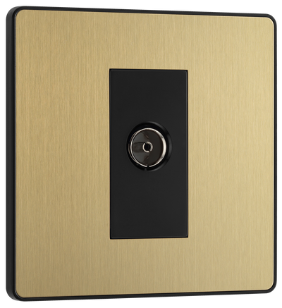 PCDSB60B Front - This Evolve Satin Brass single coaxial socket from British General can be used for TV or FM aerial connections. This socket has a low profile screwless flat plate that clips on and off, making it ideal for modern interiors.