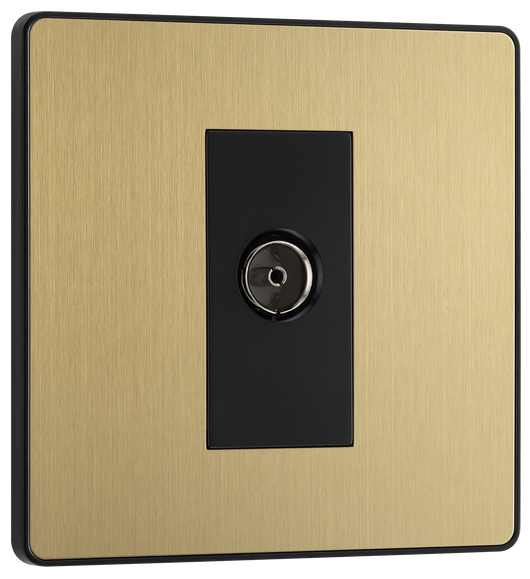 PCDSB60B Front - This Evolve Satin Brass single coaxial socket from British General can be used for TV or FM aerial connections. This socket has a low profile screwless flat plate that clips on and off, making it ideal for modern interiors.