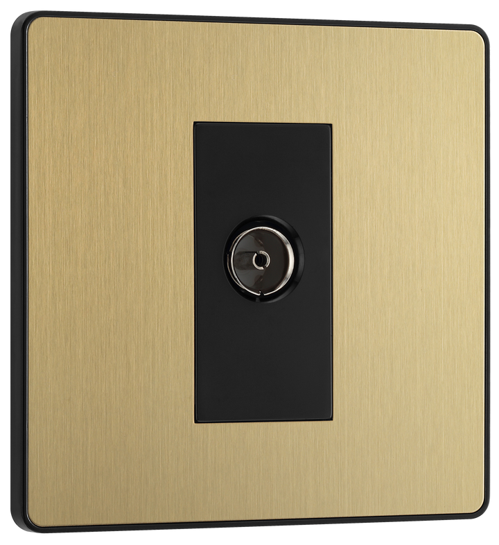 PCDSB60B Front - This Evolve Satin Brass single coaxial socket from British General can be used for TV or FM aerial connections. This socket has a low profile screwless flat plate that clips on and off, making it ideal for modern interiors.