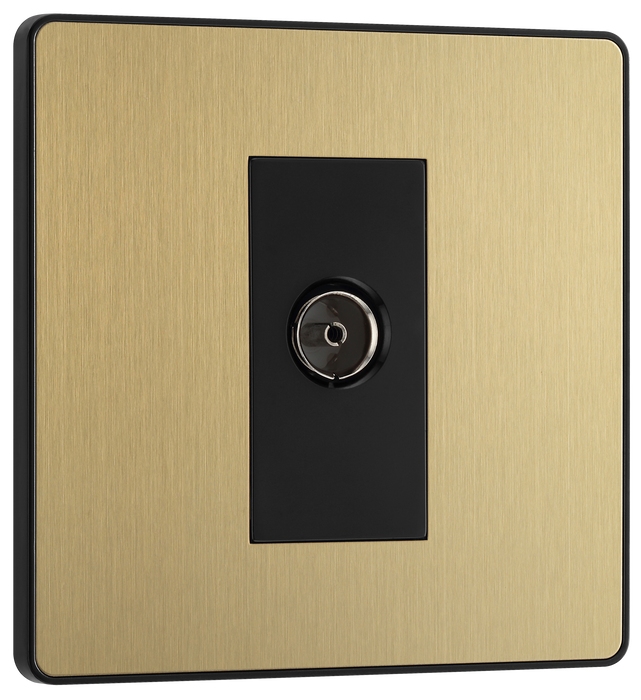 PCDSB60B Front - This Evolve Satin Brass single coaxial socket from British General can be used for TV or FM aerial connections. This socket has a low profile screwless flat plate that clips on and off, making it ideal for modern interiors.