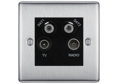 BG Nexus Brushed Steel TV/FM/2x SAT Quadplex Socket – Black Insert by British General (BG-NBSTVFMSAT2B)