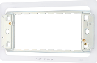 RFR34FP Front - The Grid modular range from British General allows you to build your own module configuration with a variety of combinations and finishes. This universal frame is suitable for installation of Grid screwless flatplates that fit 3 or 4 Grid modules. This frame has a fixed integrated plastic gasket to protect metal edges …