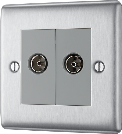 NBS63 Front - This isolated coaxial socket from British General has 2 connection points for TV or FM coaxial aerial connections. An isolated aerial connection is ideal for use where a communal dish or aerial is used such as in a block of flats.