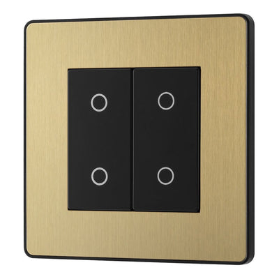 BG Evolve Satin Brass Double Master Touch Dimmer Switch PCDSBTDM2B with 25mm Steel Back Box