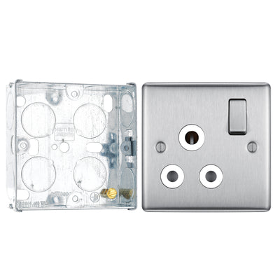 BG Nexus Brushed Steel 15A Switched Round Pin Single Socket NBS99W and 25mm Steel Back Box by British General (BG-NBS99W+HGS02)