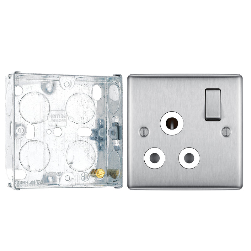BG Nexus Brushed Steel 15A Switched Round Pin Single Socket NBS99W and 25mm Steel Back Box