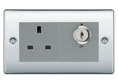 BG Nexus Polished Chrome 13A Double Pole Key Controlled Socket – Grey Inserts