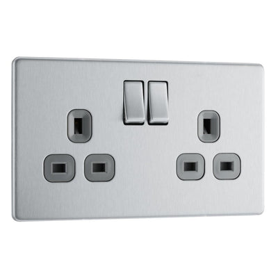 BG Screwless Brushed Steel 13A Double Socket FBS22G with 25mm Steel Back Box