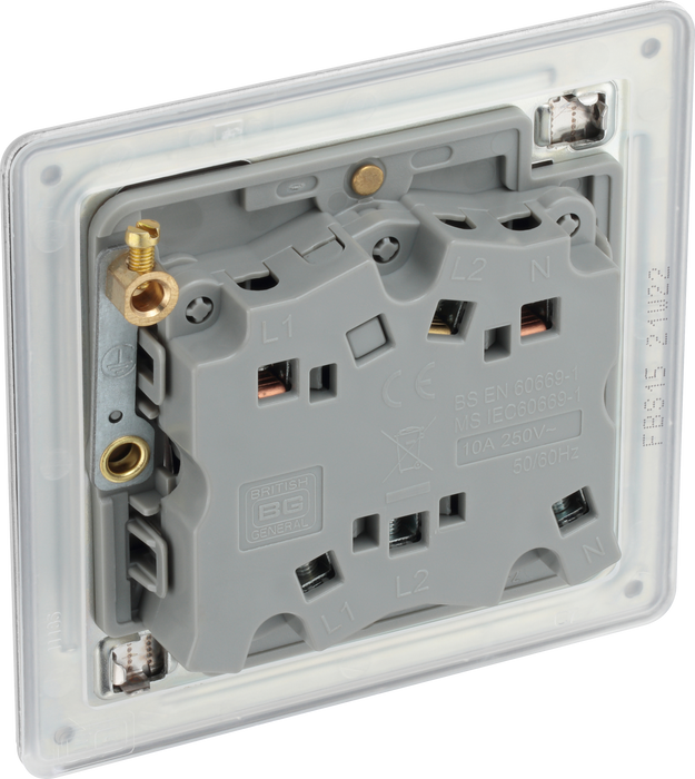 FBS15 Back - This Screwless Flat plate brushed steel finish 10A triple pole fan isolator switch from British General provides a safe and simple method of isolating mechanical fan units. 