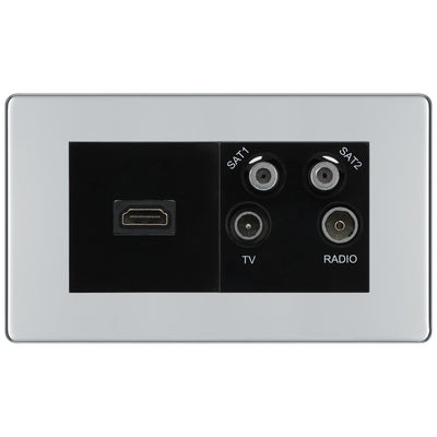 BG Screwless Polished Chrome 4G Faceplate with HDMI + TV/FM/SAT Module - Black by British General (BG-FPCEMR4-HDMI-TVFM2B)