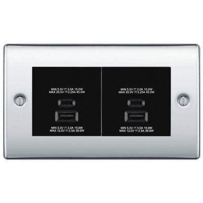 BG Polished Chrome 4G Faceplate with 45W USB A+C Charger Modules – Black Insert