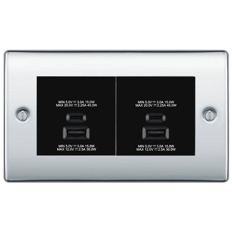 BG Polished Chrome 4G Faceplate with 45W USB A+C Charger Modules – Black Insert
