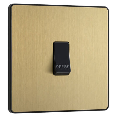 BG Evolve Satin Brass 10AX 1 Way Press Switch PCDSB14B with 25mm Steel Back Box