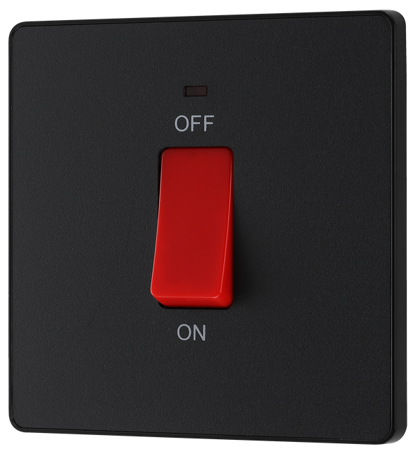 PCDMB74B Front - This Evolve Matt Black 45A double pole switch with indicator from British General is ideal for use with cookers and ovens. This switch has a low profile screwless flat plate that clips on and off, making it ideal for modern interiors.