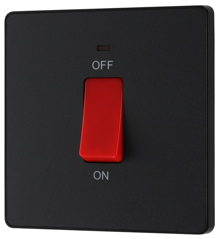 PCDMB74B Front - This Evolve Matt Black 45A double pole switch with indicator from British General is ideal for use with cookers and ovens. This switch has a low profile screwless flat plate that clips on and off, making it ideal for modern interiors.