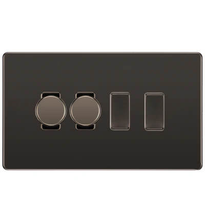 BG Screwless Black Nickel 4 Gang Light Switch Grid – 2x Trailing-Edge LED Dimmer, 1x Intermediate, 1x 2-Way Switch by British General (BG-SCRL-BN-4G-2x-Dimmer-1x-INT-1x-2Way)