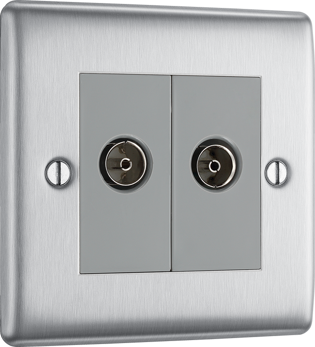 NBS61 Front - This coaxial socket from British General has 2 connection points for TV or FM aerial connections. This socket has a premium brushed steel finish with anti-fingerprint lacquer a sleek and slim profile and softly rounded edges to add a touch of luxury to your decor.
