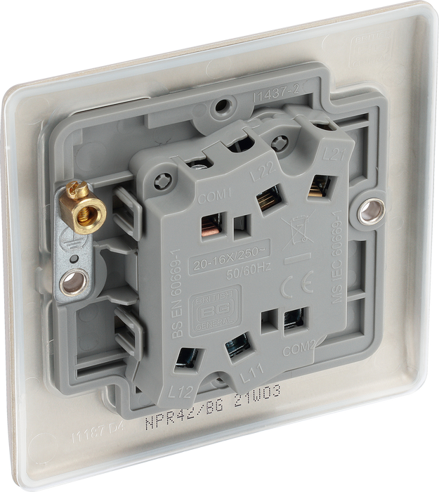 NPR42 Back - This pearl nickel finish 20A 16AX double light switch from British General can operate 2 different lights whilst the 2 way switching allows a second switch to be added to the circuit to operate the same light from another location (e.g. at the top and bottom of the stairs).