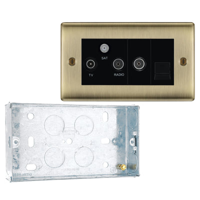 BG Nexus Antique Brass Triplex TV/FM/Sat Socket + Return & Tel. NAB68 with 25mm Steel Back Box by British General (BG-NAB68+HGS02)