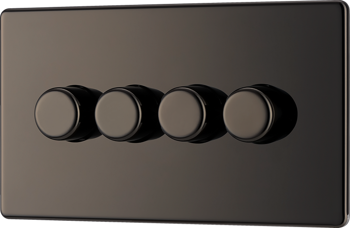 FBN84 Front -This trailing edge quadruple dimmer switch from British General allows you to control your light levels and set the mood. The intelligent electronic circuit monitors the connected load and provides a soft-start with protection against thermal, current and voltage overload.