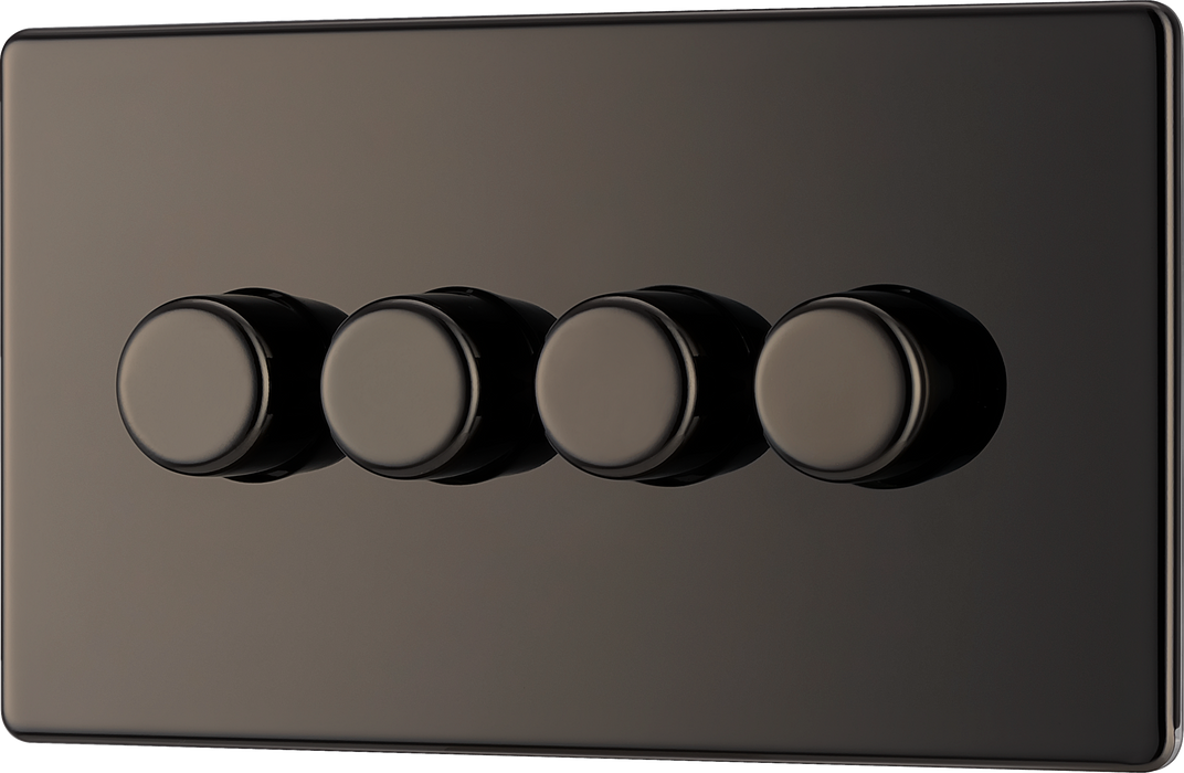 FBN84 Front -This trailing edge quadruple dimmer switch from British General allows you to control your light levels and set the mood. The intelligent electronic circuit monitors the connected load and provides a soft-start with protection against thermal, current and voltage overload.