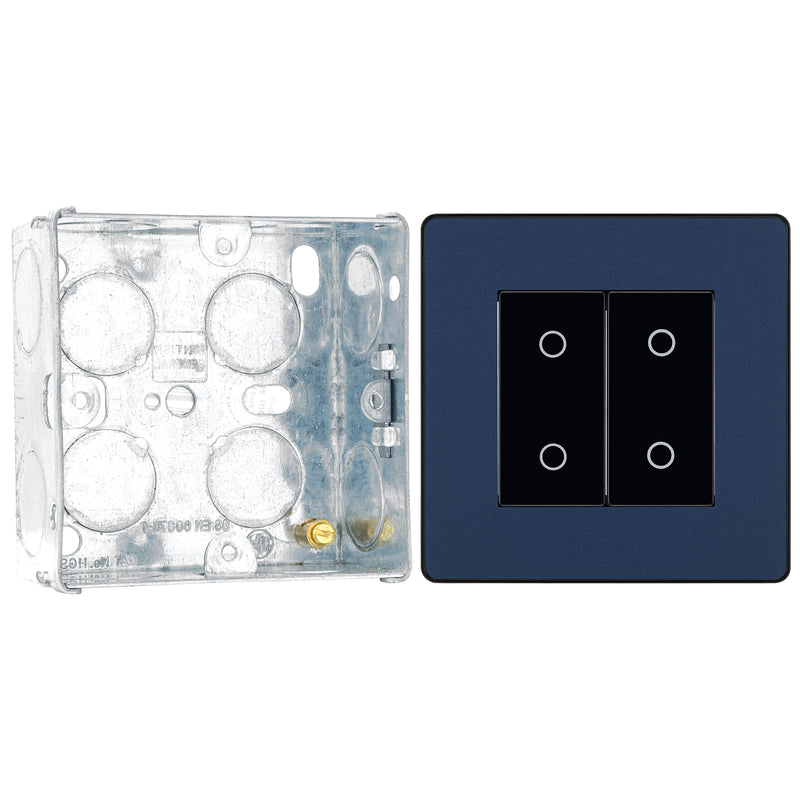 BG Evolve Matt Blue Double Master Touch Dimmer Switch PCDDBTDM2B with 35mm Steel Back Box