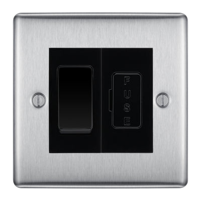 BG Nexus Brushed Steel 2 Way Light Switch & 13A Fused Spur Plate | Black Insert