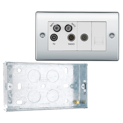 BG Nexus Polished Chrome Quadplex TV FM SAT (x2) NPC69 with 25mm Steel Back Box by British General (BG-NPC69+HGS04)