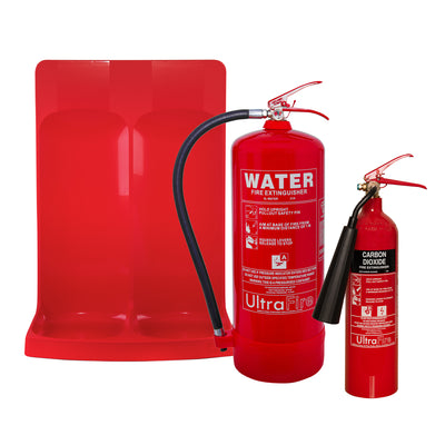 9ltr Water Extinguisher, 2kg CO2 Fire Extinguisher & Double Stand - UltraFire Special Offer