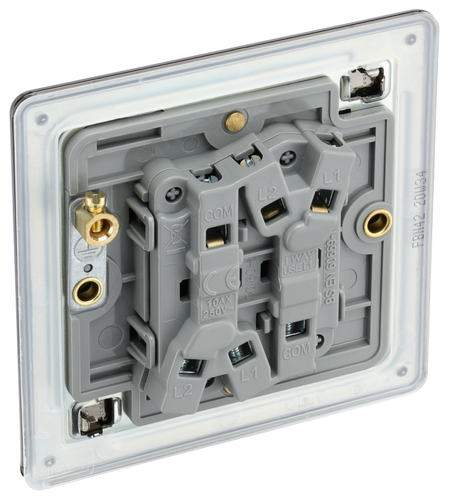  FBN42 Back - This Screwless Flat plate black nickel finish 20A 16AX double light switch from British General can operate 2 different lights whilst the 2 way switching allows a second switch to be added to the circuit to operate the same light from another location (e.g. at the top and bottom of the stairs).