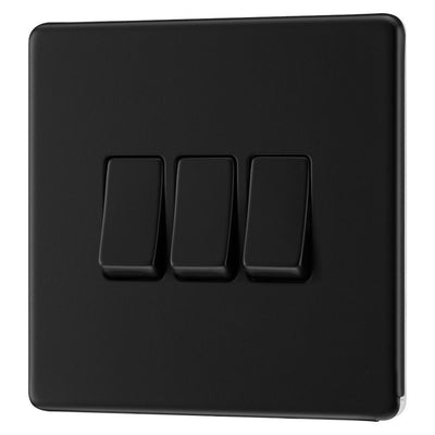 BG Screwless Matt Black 20A 16AX 2 Way Triple Light Switch FFB43 with 25mm Steel Back Box