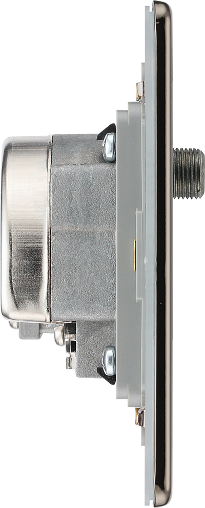 FBN69 Side - This screened Quadplex socket fromBritish General has an outlet for TV FM and 2 satellites, plus a re turn and shuttered telephone socket.