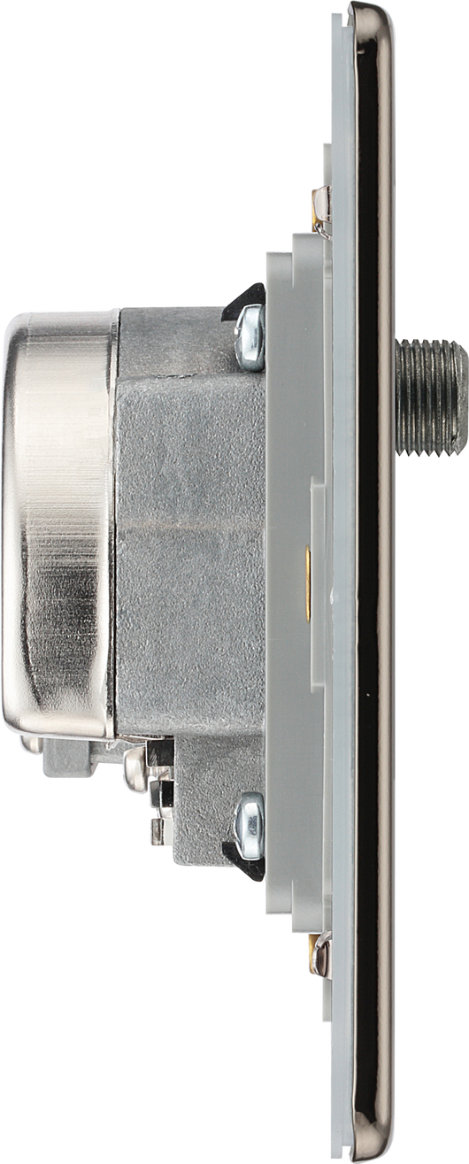 FBN69 Side - This screened Quadplex socket fromBritish General has an outlet for TV FM and 2 satellites, plus a re turn and shuttered telephone socket.
