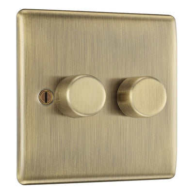 BG Nexus Antique Brass 200W 2 Way Trailing Edge Double Dimmer Switch with Surface Pattress Back Box
