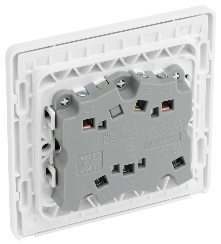 PCDCL15W Back - This Evolve pearlescent white 10A triple pole fan isolator switch from British General provides a safe and simple method of isolating mechanical fan units.