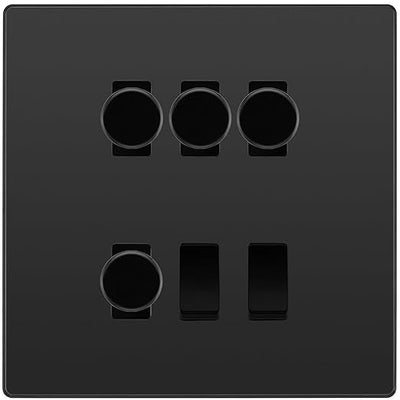 BG Evolve Black Chrome 6 Gang Switch 4x Trailing Edge LED Dimmer, 1x Intermediate, 1x 2-Way Switch by British General (BG-Evolve-BC-6G-4x-Dimmer-1x-INT-1x-2Way)