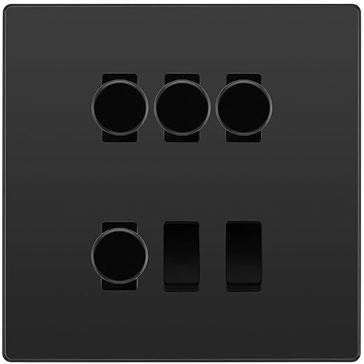 BG Evolve Black Chrome 6 Gang Switch 4x Trailing Edge LED Dimmer, 1x Intermediate, 1x 2-Way Switch