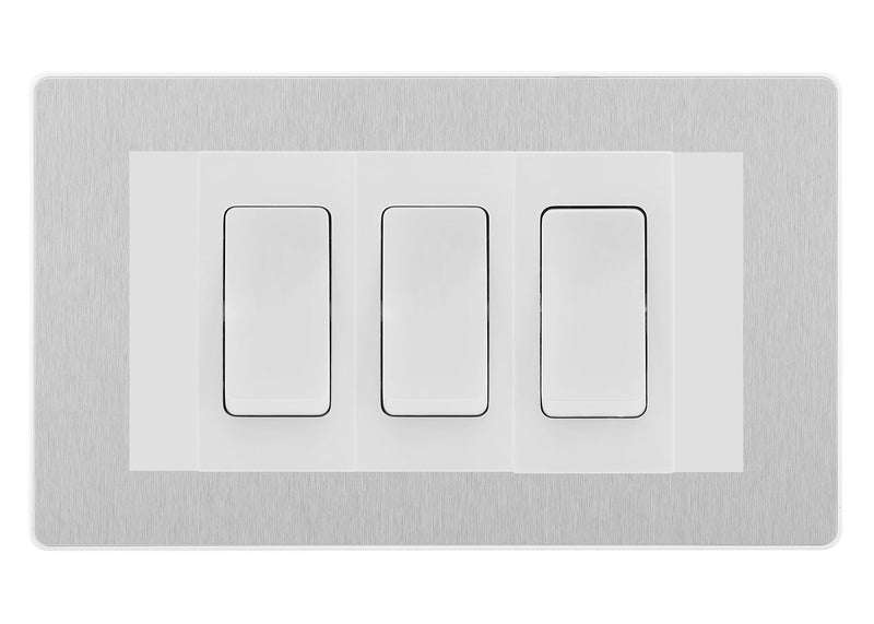 BG Evolve Brushed Steel 3 Gang 20AX 2-Way Switch Custom Grid - White Insert