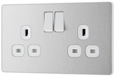 PCDBS22W Front - This Evolve Brushed Steel 13A double switched socket from British General has been designed with angled in line colour coded terminals and backed out captive screws for ease of installation, and fits a 25mm back box making it an ideal retro-fit replacement for existing sockets.